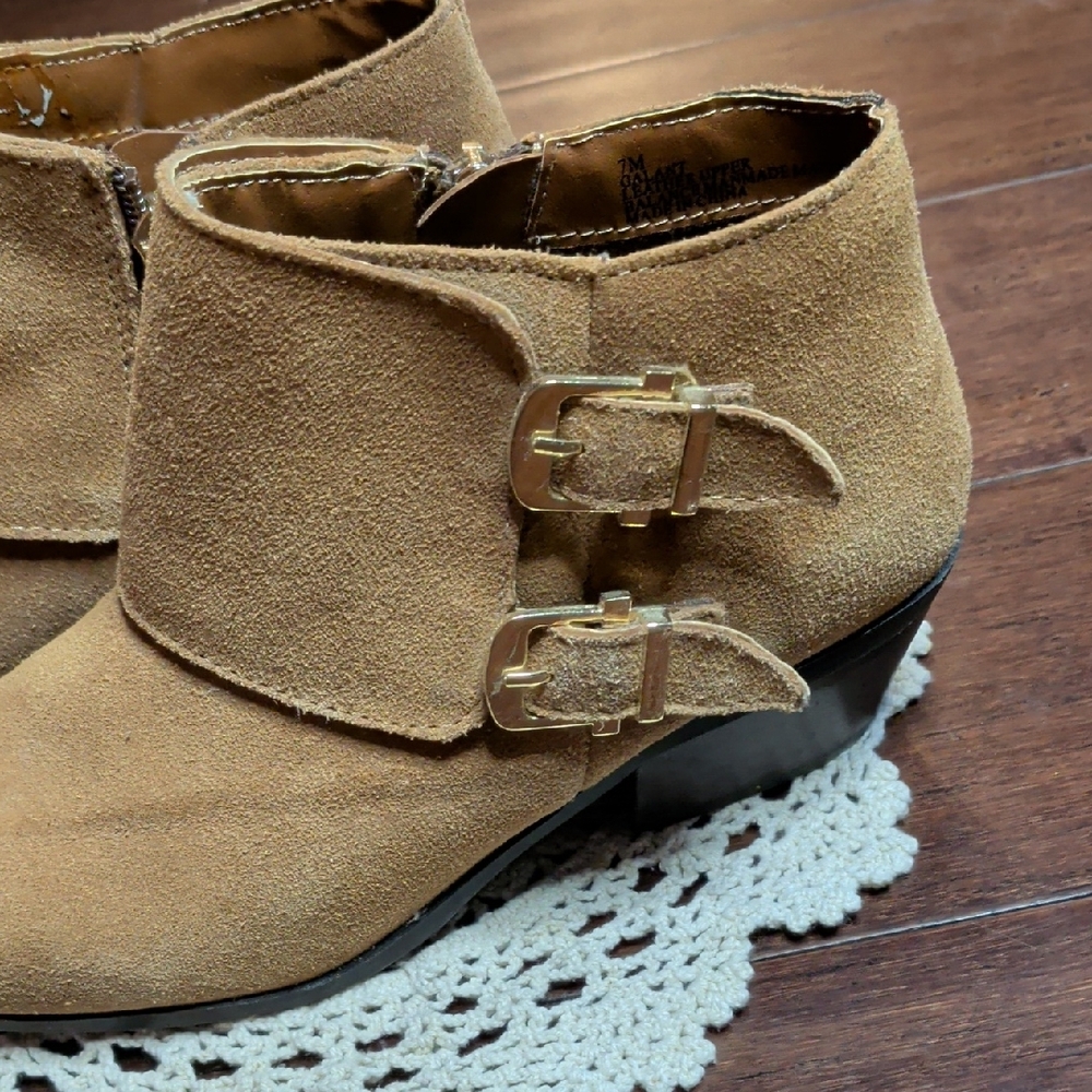 Apri By Italian Shoemakers Suede Buckle Ankle Booties in Tan - Picture 3 of 11